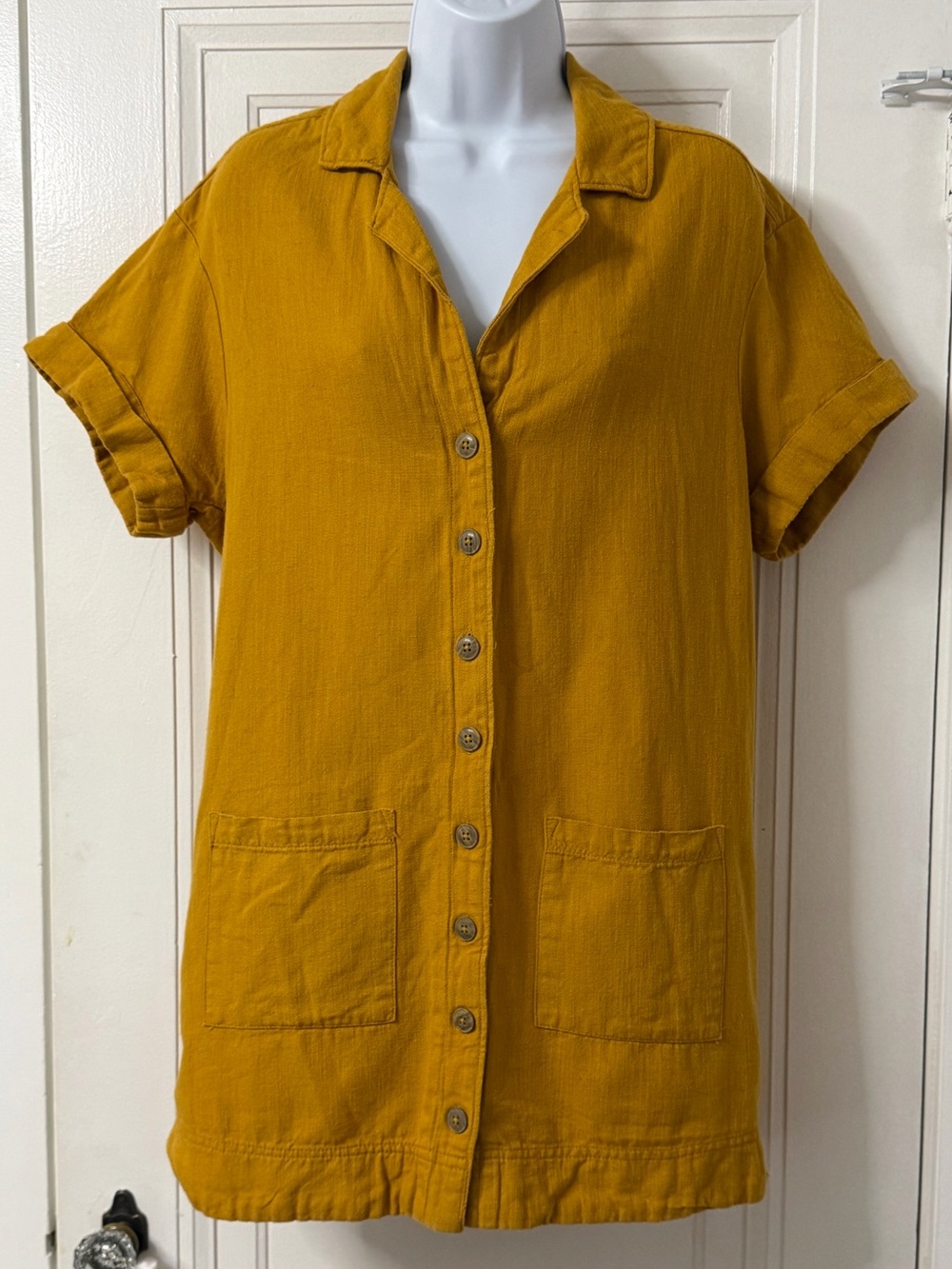 Pilcro Anthropologie Relaxed Button-Front Mustard Dress Patch Pockets size XS